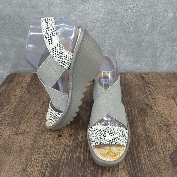 Fly London Yaji Wedges Sandals 38 7 Grey Cream Snakeskin Cross Strappy Leather - Picture 13 of 14